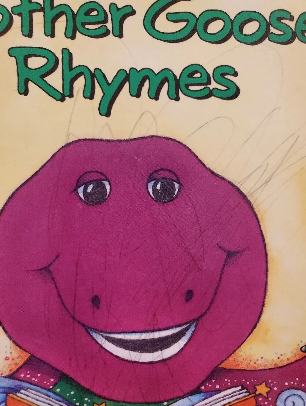 Barneys New York White Book Back Cover with Purple Barney Illustration